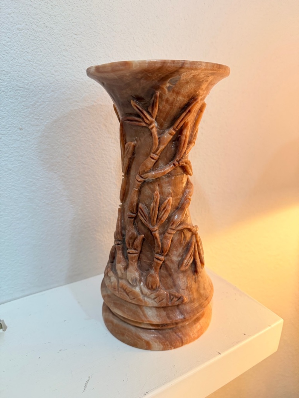 Carved Stone Bamboo Motif Vase - Warm Tan Marble